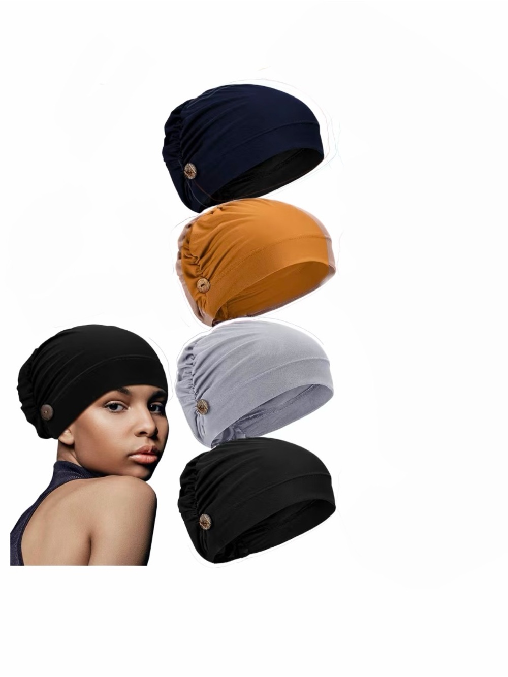 Soft Stretch Women's Bouffant Caps with Buttons- Black, Navy, Mustard, Gray